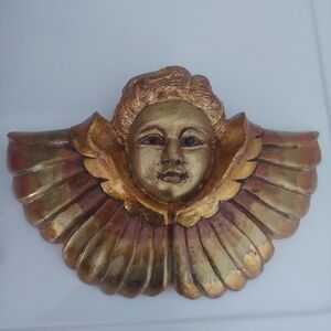 Gold Tone Antique Vintage Religious Angel Wall Decor Wood Whimsigoth Putti